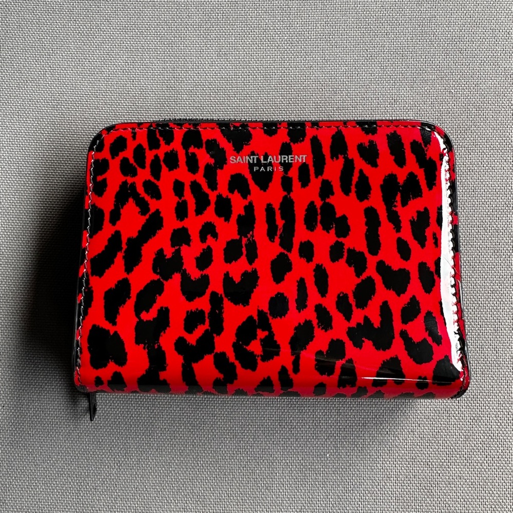Saint Laurent wallet folding YSL 562796 baby cat leopard pattern zip rouge black
